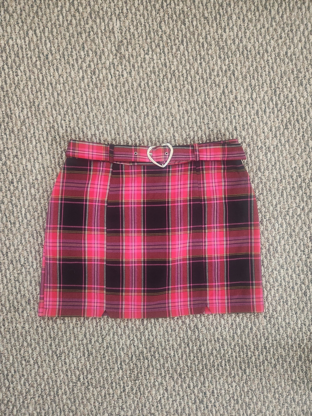 Top Shop Plaid Mini Skirt with Heart Buckle Belt - Pink Red Black Size 14